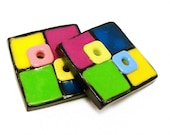 Buttons geometric multicolor square green yellow red blue polymer clay set of two