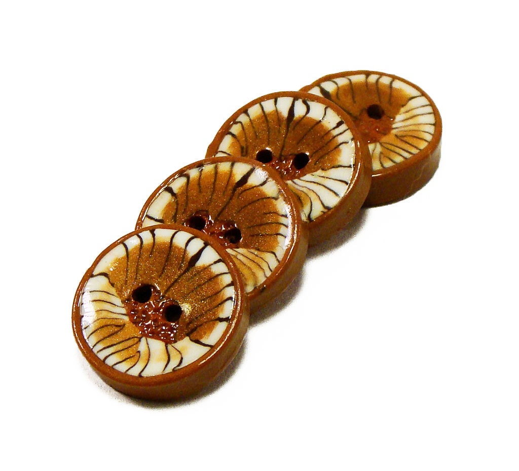 Polymer clay buttons abstract tiger stripes with brown rim set of four - Cofanetto