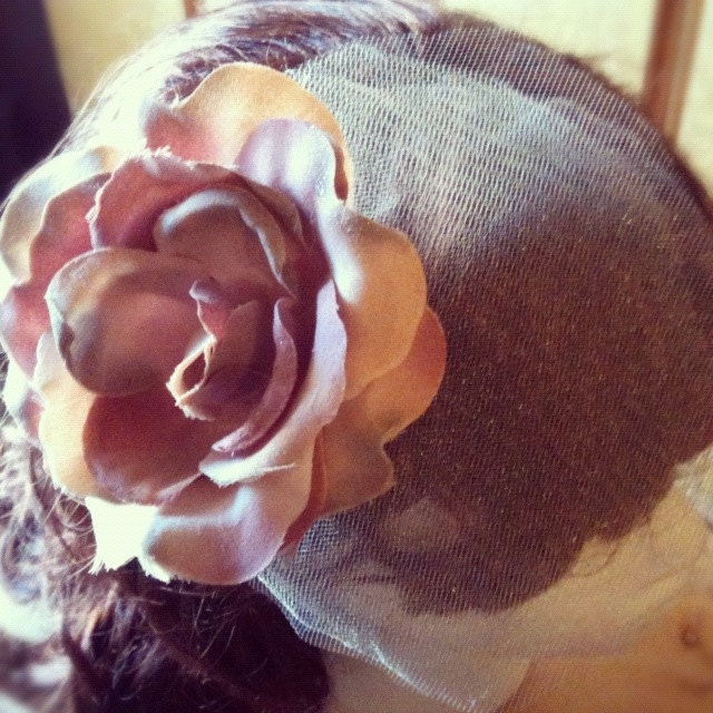 Wedding, bride, bridal, OOAK,  birdcage, veil, pink, flower, hair, clip-Water Lily