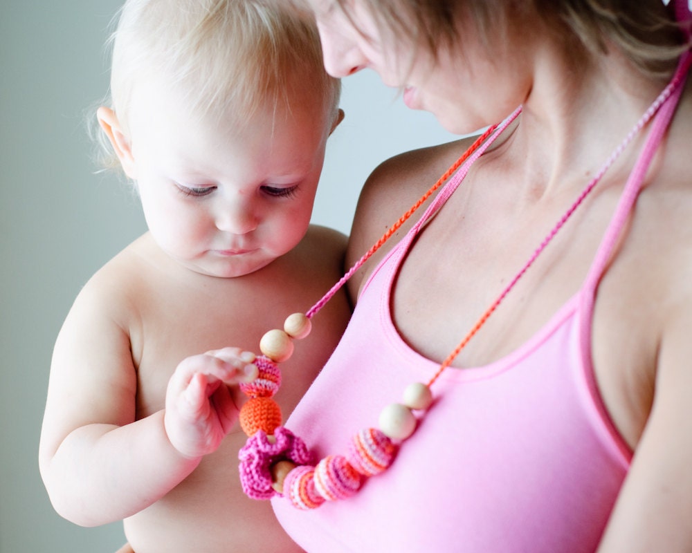 Mom and Baby Nursing Necklace / Teething Necklace - bright orange and pink