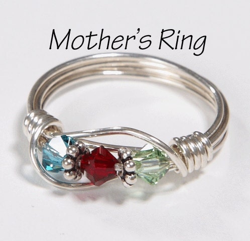 Mother's Ring 3 Birthstones: Sterling Silver Mother's Family Ring with Swarovski Birthstone Crystals