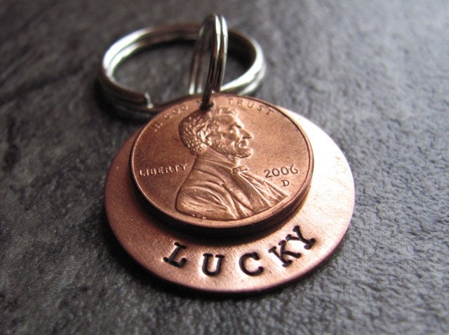 Personalized Copper Key Chain: Hand Stamped Lucky Penny Key chain in Copper
