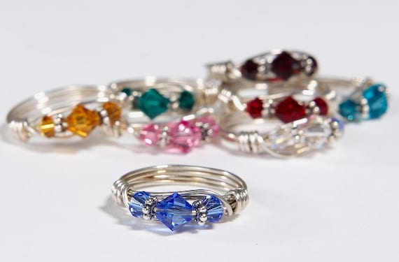 Birthstone Ring: Handmade Sterling Silver Birthstone Ring made with Swarovski Crystals