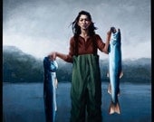 Oil painting woman lake fish "Act of Love"