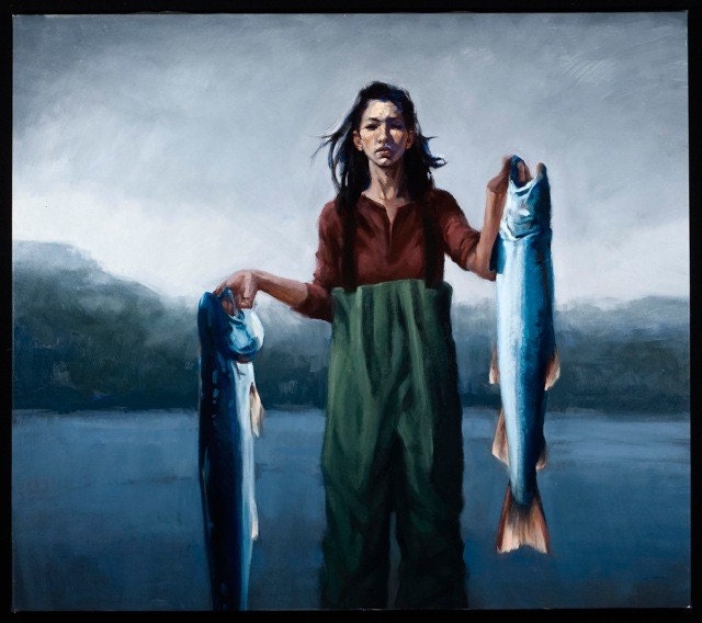 Oil painting woman lake fish "Act of Love"