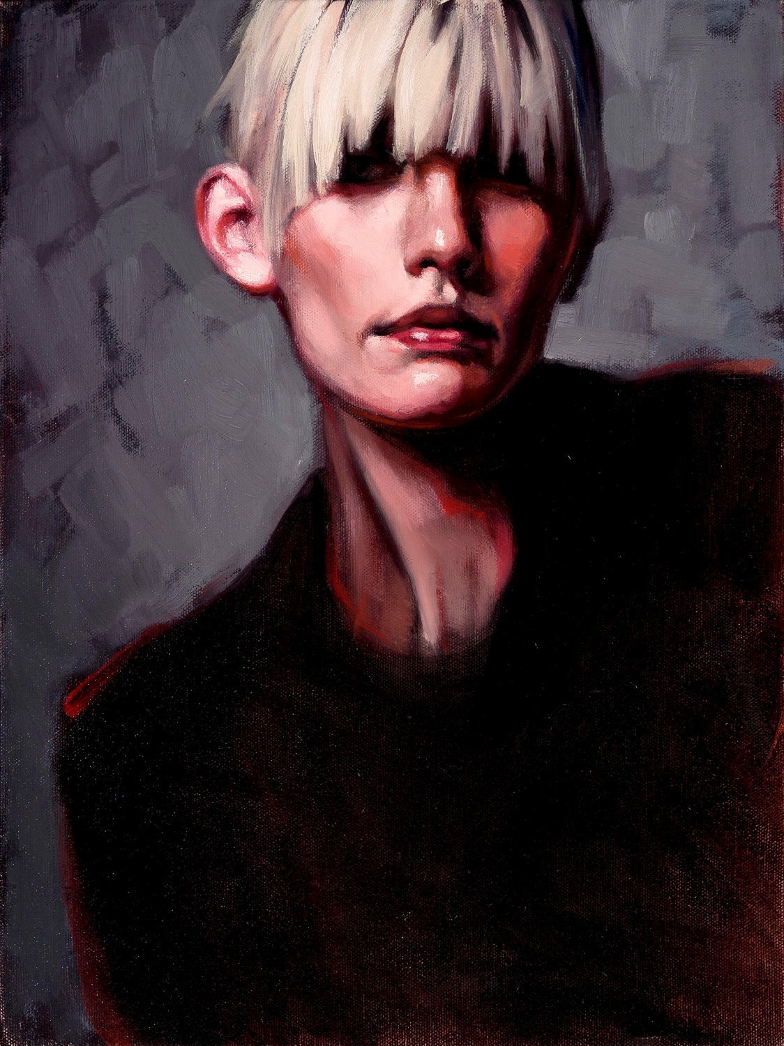 Oil painting portrait woman blonde gray "Talk To Me"