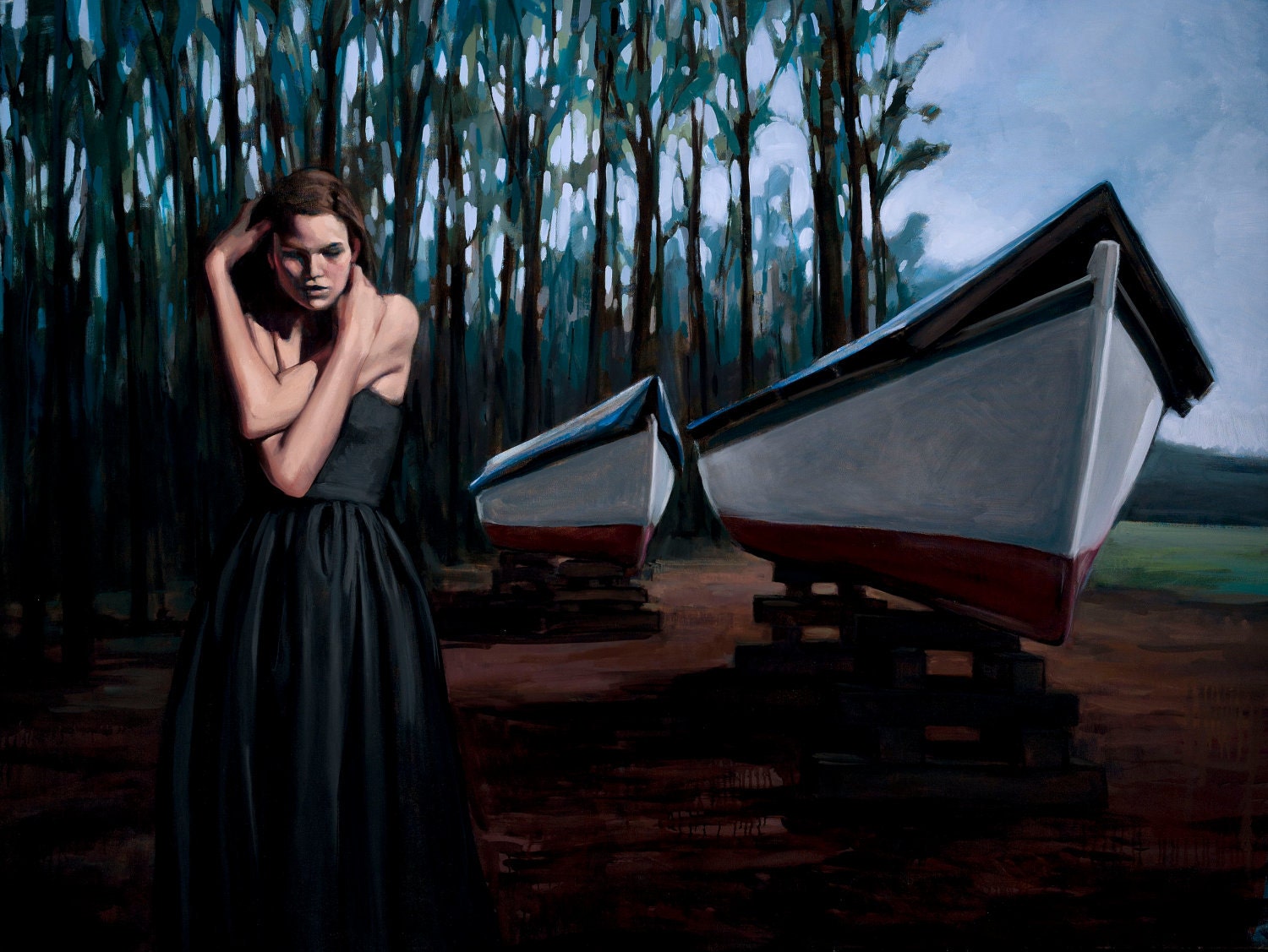 Oil painting woman trees boats "Widow for Herself"