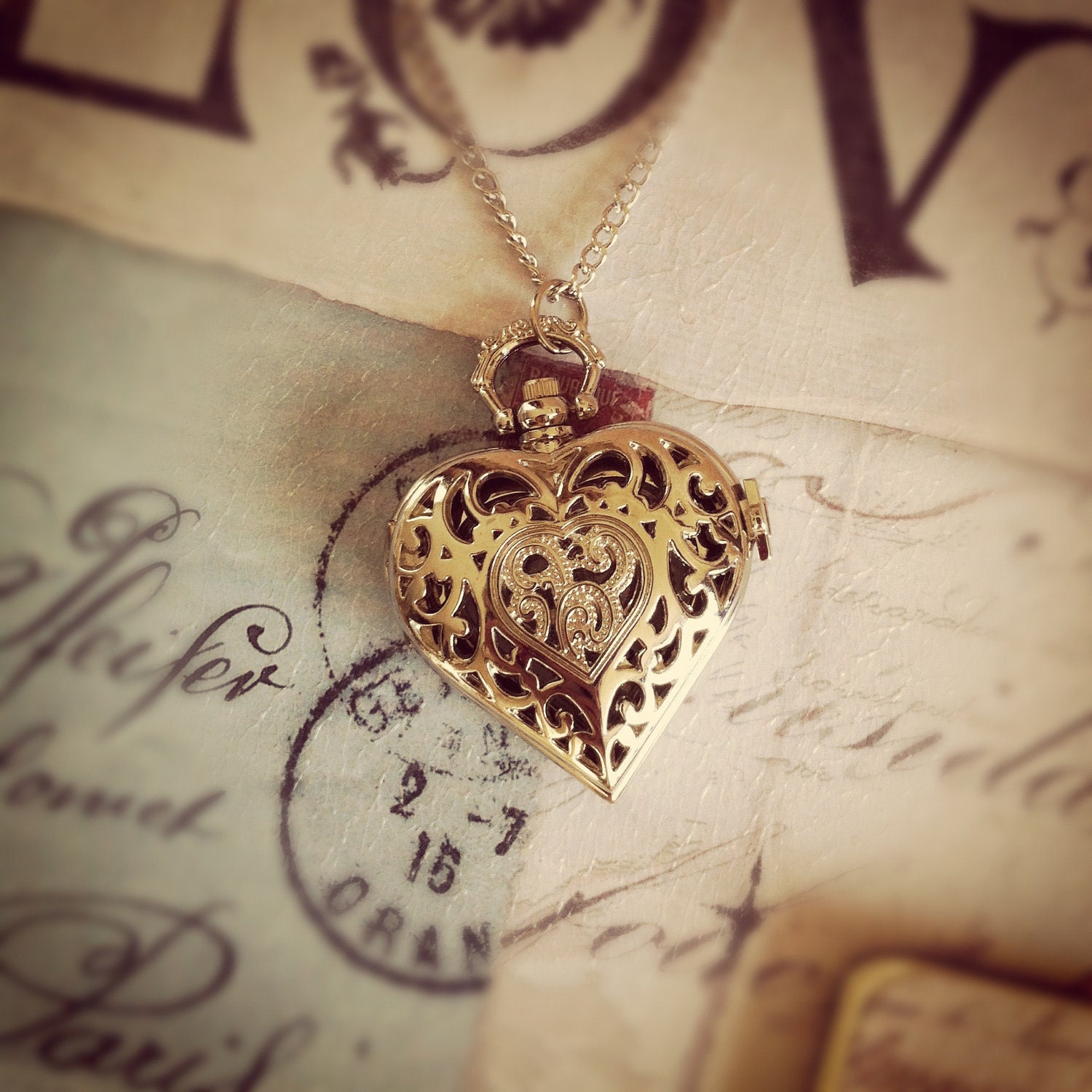 Filigree Romance Heart Locket Watch Silver