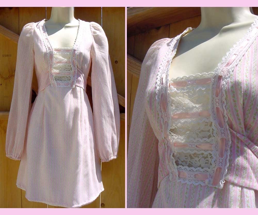 Pastel Pink Prairie Mini Dress Embellished with Lace & Ribbon Tie Back Puff Sleeve Boho Baby Doll