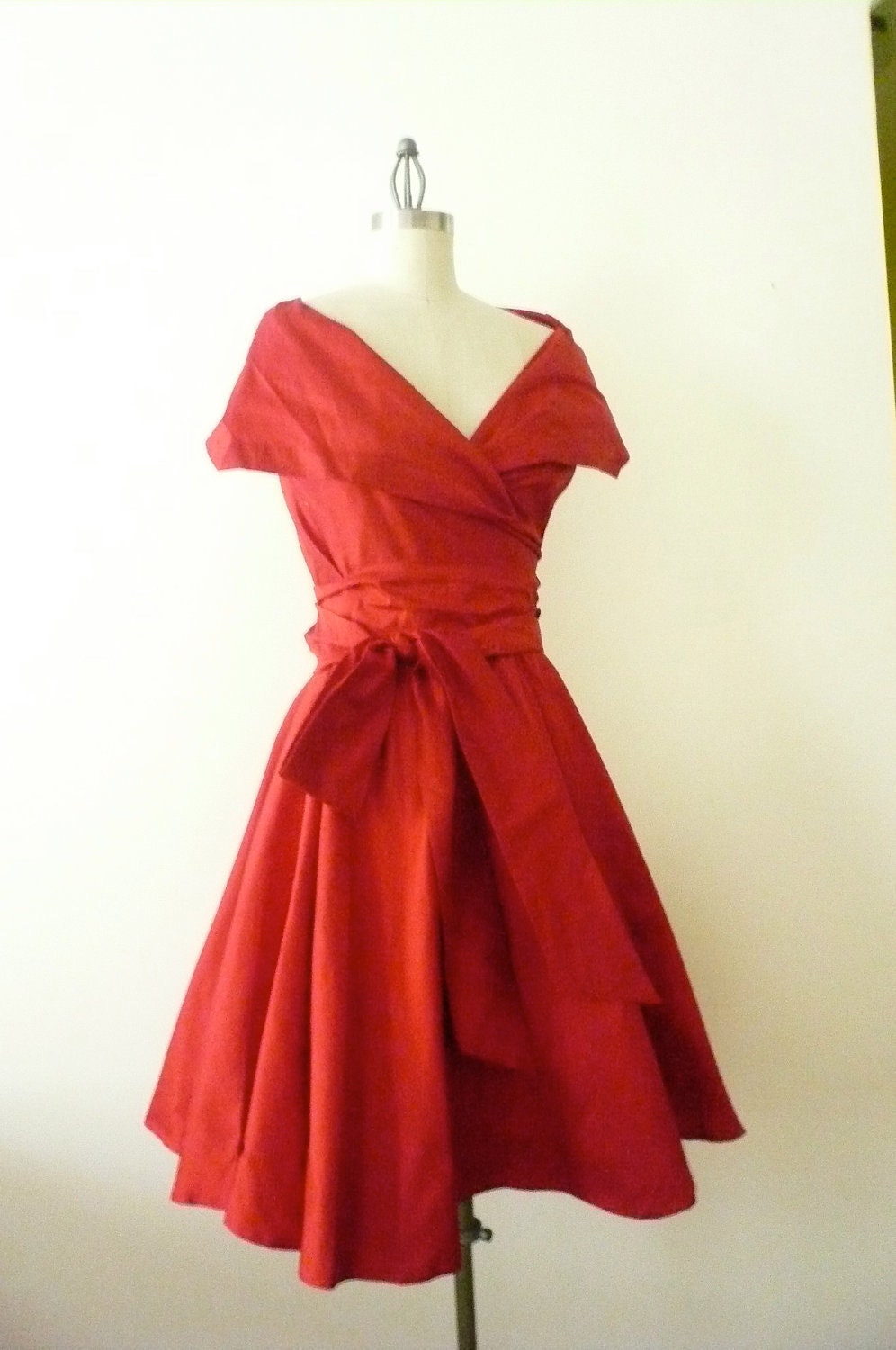 Custom Made  MARIA SEVERYNA Ruby Red Double Wrap Full Skirt Dress