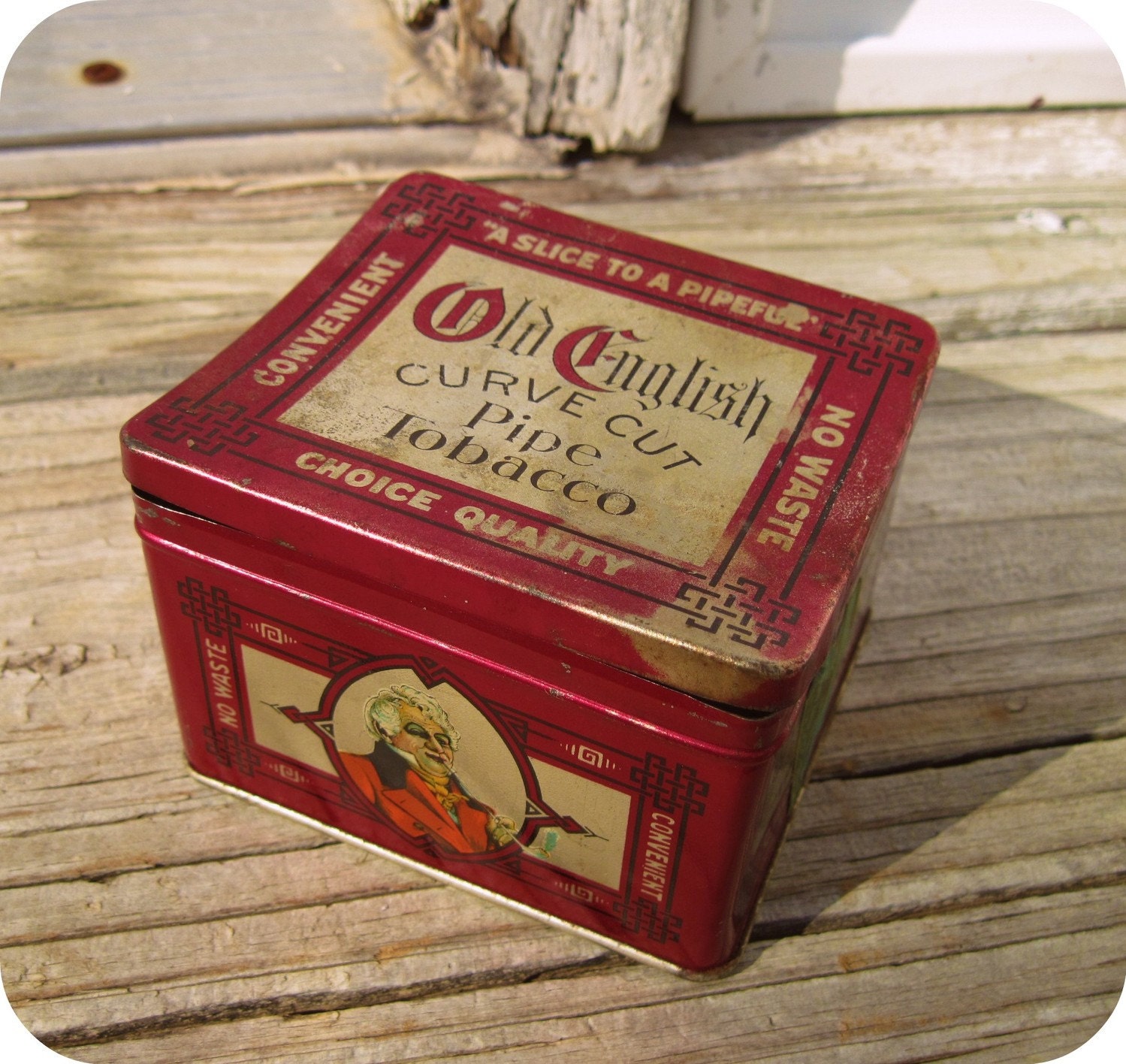 Old English Curve Cut Pipe Tobacco Tin, Antique Tin