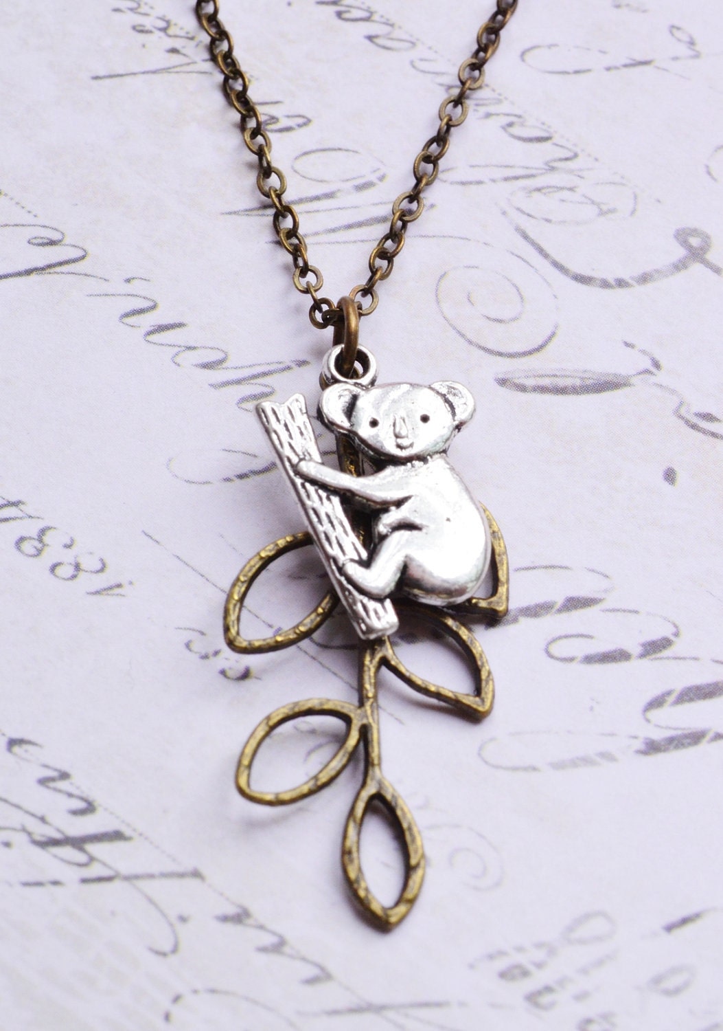 Koala Bear Necklace, Leaf Necklace, whimsical Jewelry, Leaf Charm, Skeleton Leaf Necklace, Koala Bear Charm, Branch Necklace,Koala Necklace