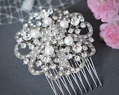 ELISE - Vintage Inspired Wedding Hair Comb, Pearl and Crystal Rhinestone Flower Bouquet Bridal Hair Comb, Wedding Hair Accessories