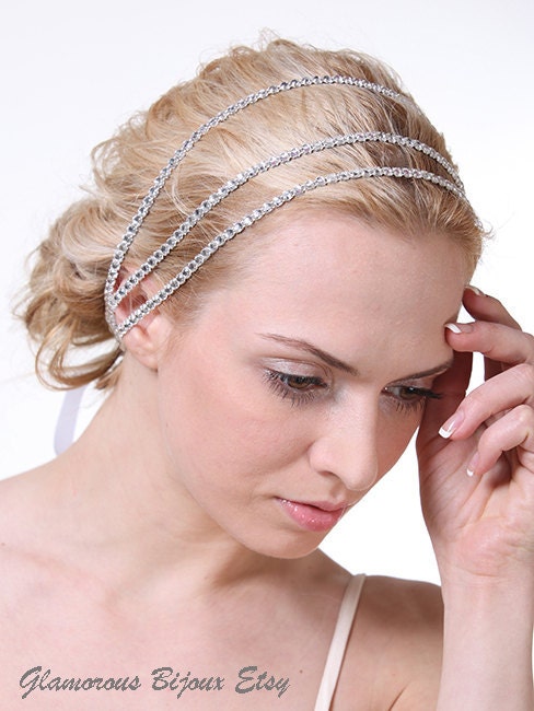 MOLLIE, Vintage Style Triple Strand Rhinestone Ribbon Bridal Headband, Bridal Wedding Headband, Bridal Wedding Hair Accessories