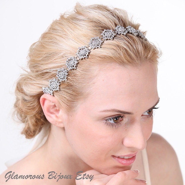 EMMA - Rhinestone Headband, Victorian Flower Bridal Ribbon Headband in White, Ivory or Silver, Vintage Inspired Wedding Hair Accessory