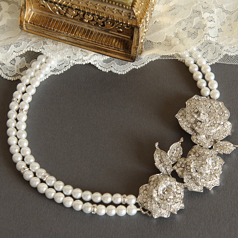ROSELLE, Crystal and Pearl Bridal Necklace, Vintage Style Wedding Necklace in White or Ivory, Double Strand Silver Art Deco Bridal Jewelry