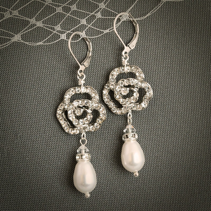 ROSANA, Rhinestone and Pearl Bridal Wedding LeverBack Earrings, Crystal Rose Wedding Bridal Earrings, Old Hollywood Bridal Jewelry