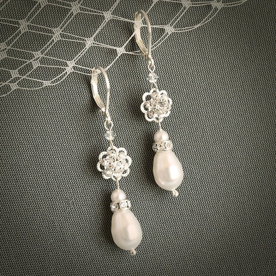 SEBRINA, Filigree Flower Rhinestone and Pearl Bridal Wedding Earrings, Vintage Inspired Bridal Leverback Earrings, Old Hollywood Jewelry