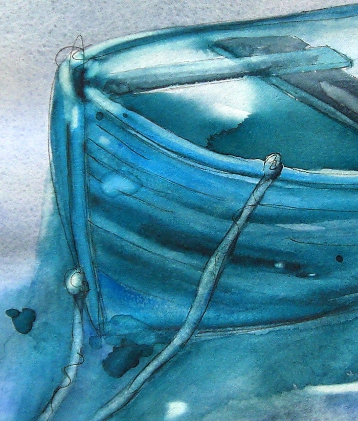 Blue Boat Watercolor Painting Original Nautical Art
