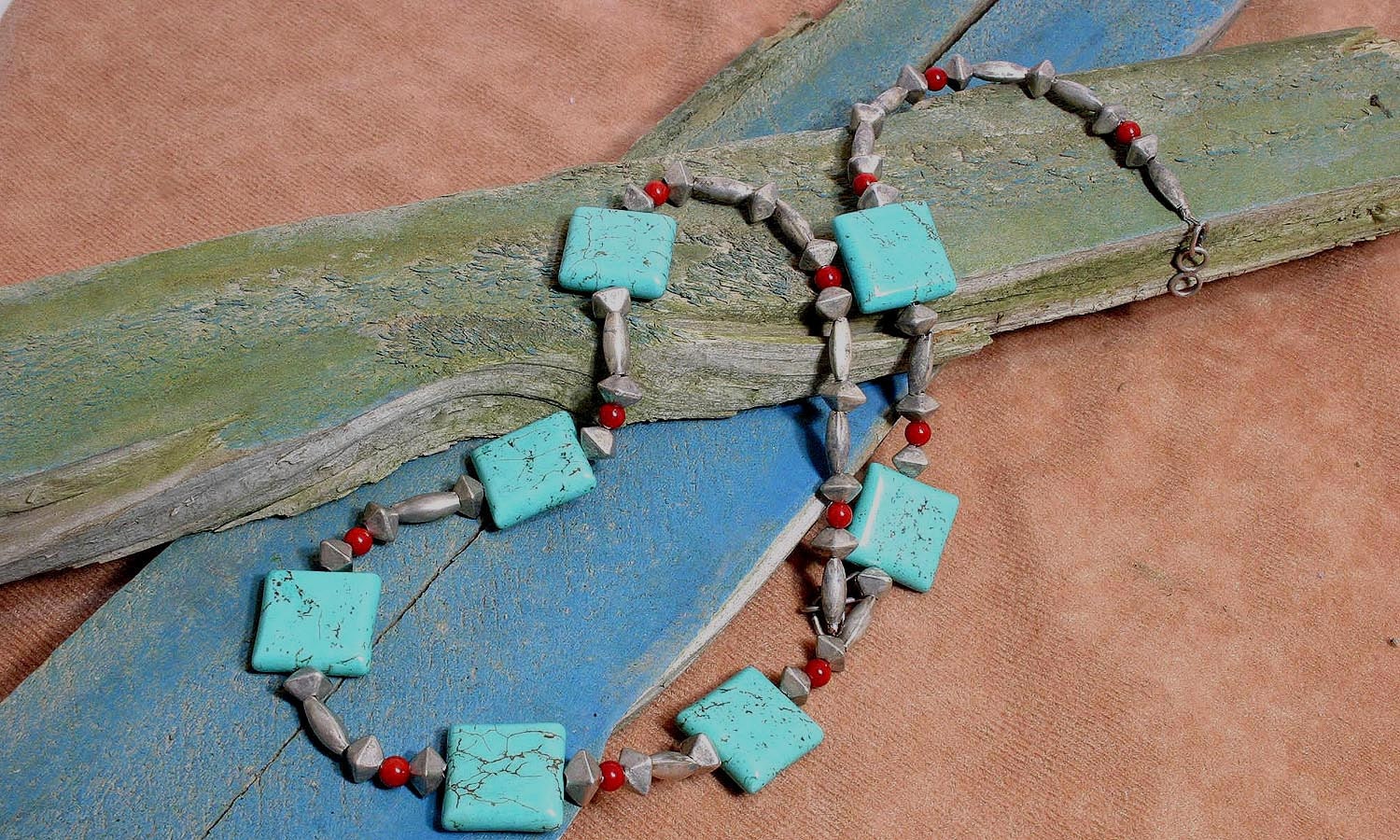 Turquoise, Wrapped Silver and Red Coral Necklace
