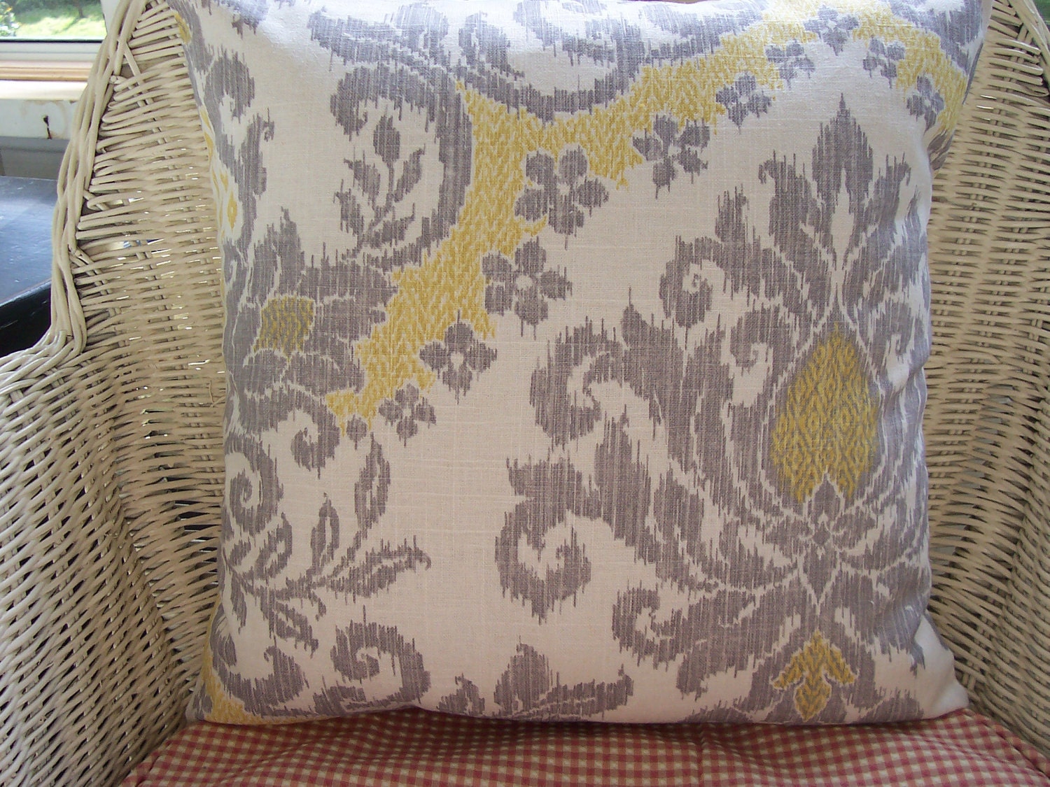 Decorative Pillows Ikat Throw Pillow Damask Accent Pillow Two Gray Yellow Ikat Waverly Pillow Cushion Covers, 18x18 Throw Pillows