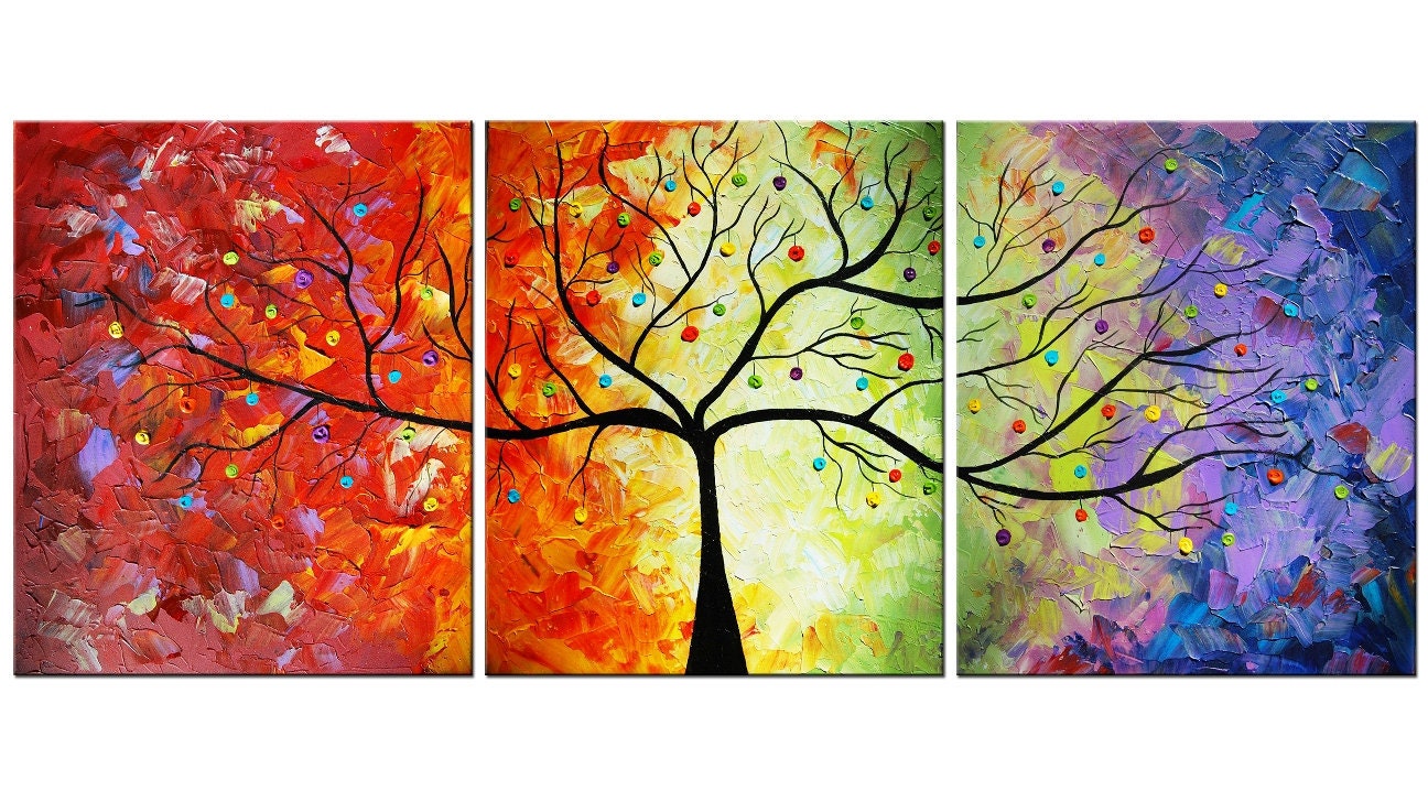Original Modern Colorful Large Abstract Textured Impasto Knife Tree Painting 60x24