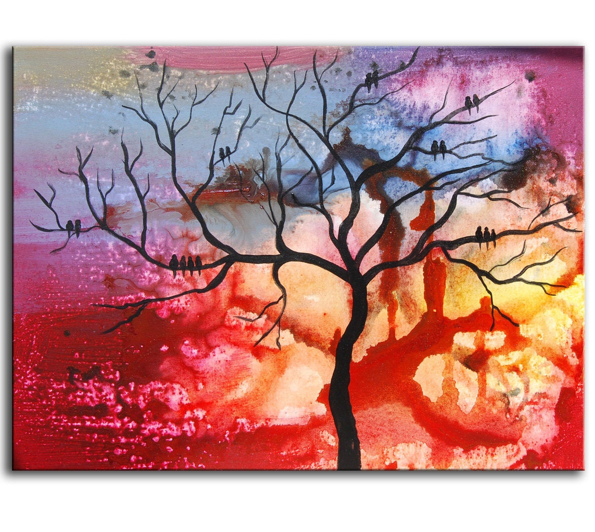 Art Painting Original Modern Abstract Colorful Birds Tree Painting by Helen - Sunset Tree Painting
