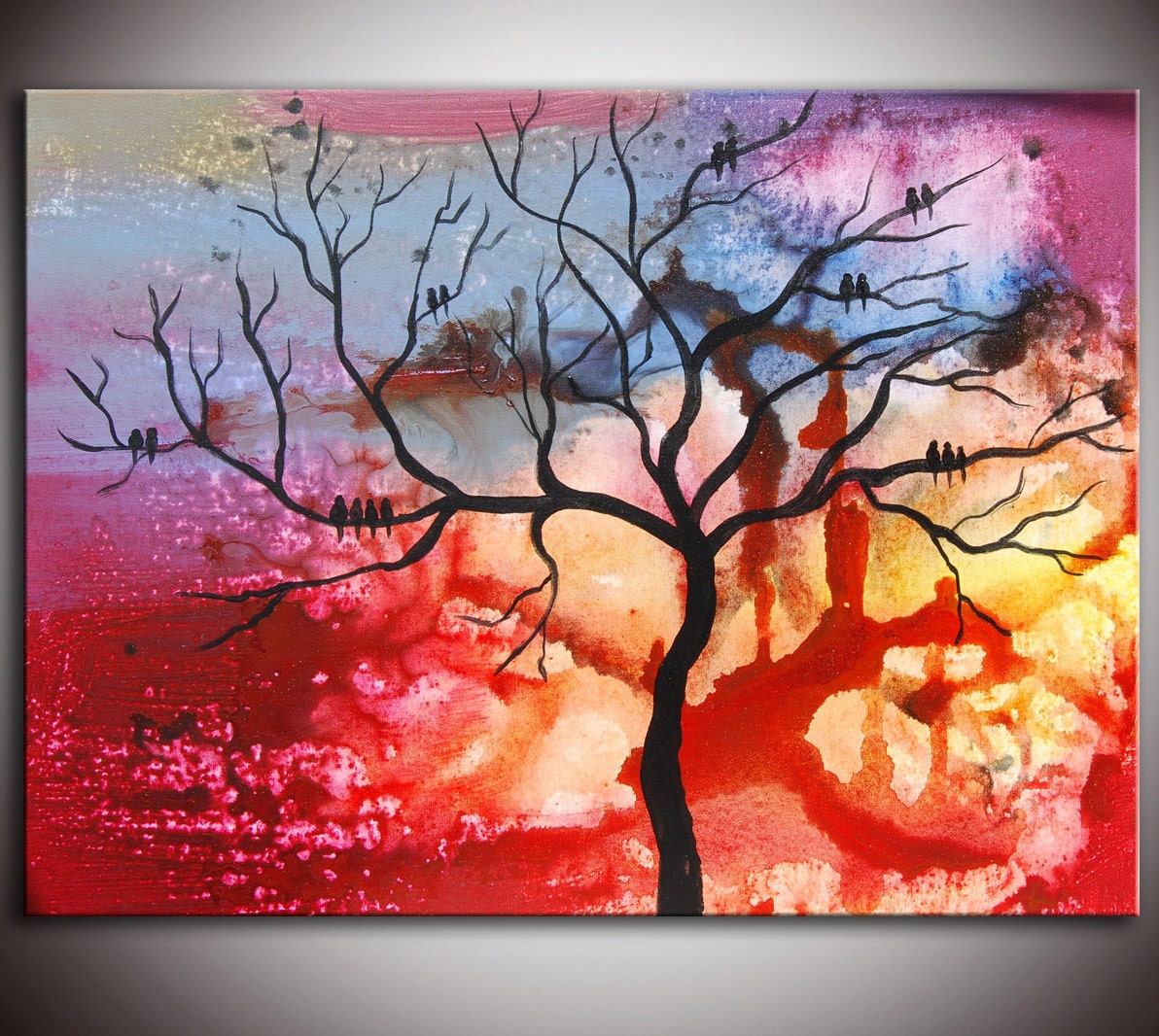 Art Painting Original Modern Abstract Colorful Birds Tree Painting by Helen - Sunset Tree Painting