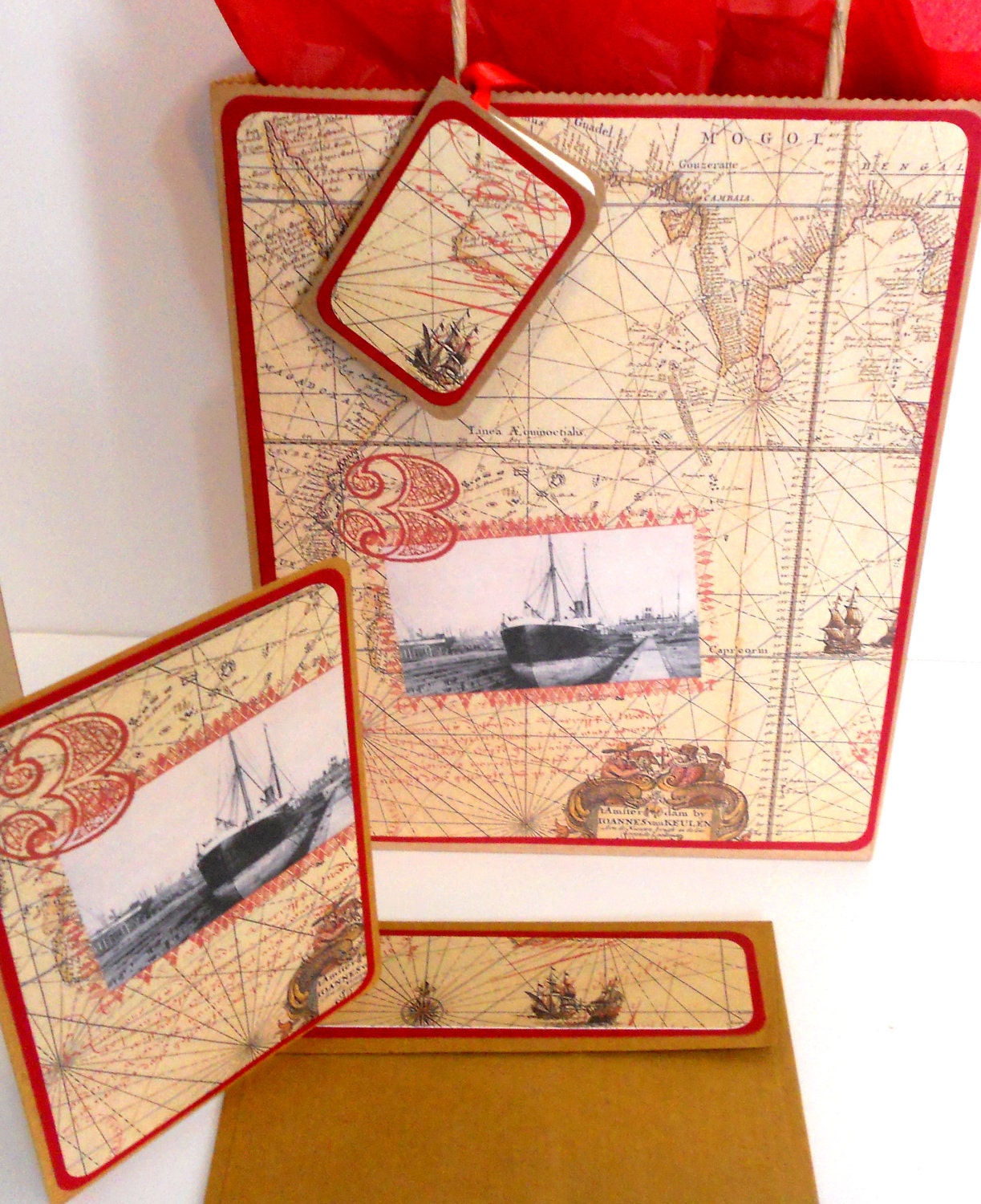 Nautical Gift Bag 8 x 10 with Matching Gift Tag, Notecard, and Envelope