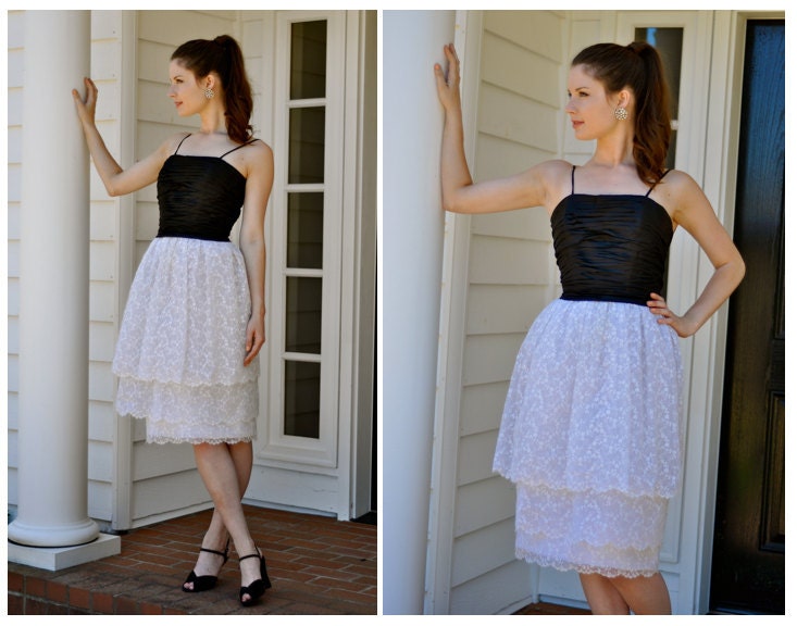 Late 50's Couture Jacques Heim Spaghetti Strap Black/White Party Dress with Lace Skirt & Ruched Top (Size: Medium)