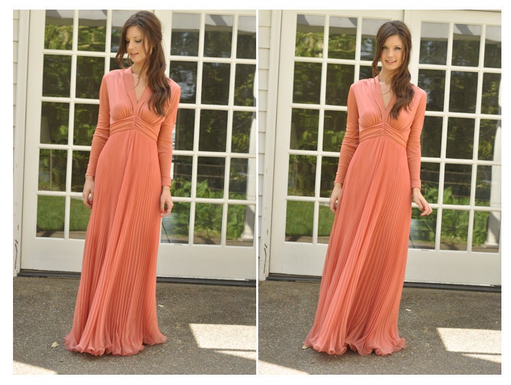 RESERVED FOR BRIDGETT - 70s Peach Empire Maxi Dress with Sheer Pleated Skirt (Size: Medium)