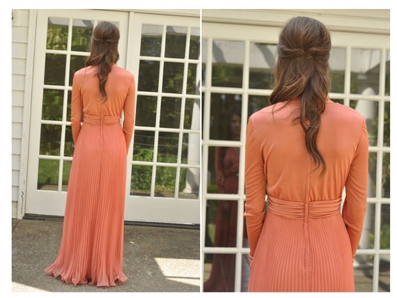 RESERVED FOR BRIDGETT - 70s Peach Empire Maxi Dress with Sheer Pleated Skirt (Size: Medium)