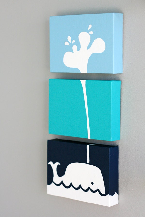 Whale Painting Series of 3 for a baby nursery, kids room or playroom (each panel 5x7"), Made to Order