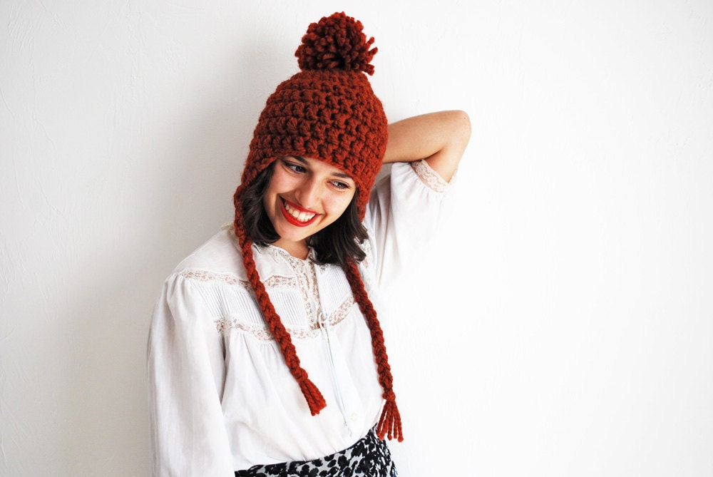 Pom-Pom Ear Flap Hat Hand Crocheted in Autumn Spice Wool Blend - MADE TO ORDER