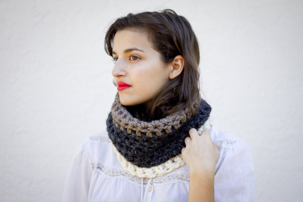 The Mod Cowl Hand Knit in Fisherman, Taupe, and Charcoal Wool Blend - READY TO SHIP