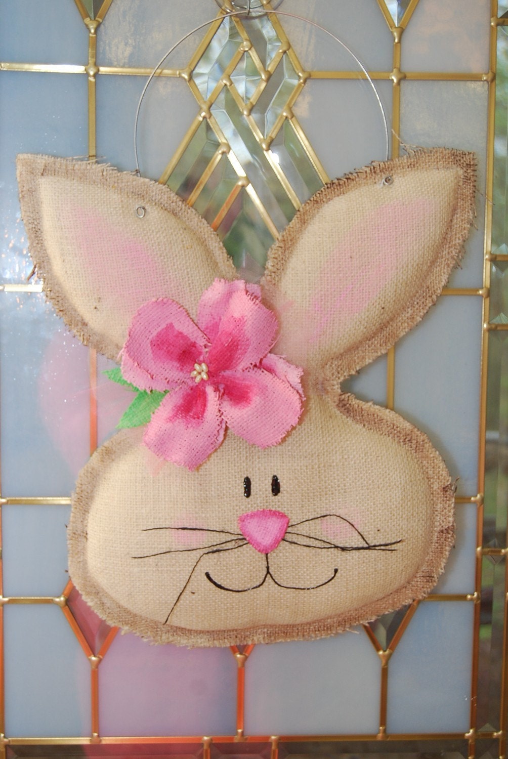 Handmade Burlap Burlee Girl Easter Spring Bunny Door Hanger Wall Decor