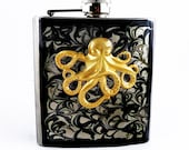 Metal Flask Steampunk Octopus Neo Victorian Kraken Black Liquid Ink Design Hand Painted Hip Flask Stainless Steel