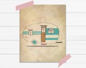 Graphic Art Illustrative Print "Let's Go For A Ride in My Winnabego" Blue and Pink