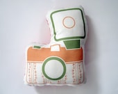 SALE Camera Plushie / Pillow in Peach and Olive Green Lace by Yellow Heart Art