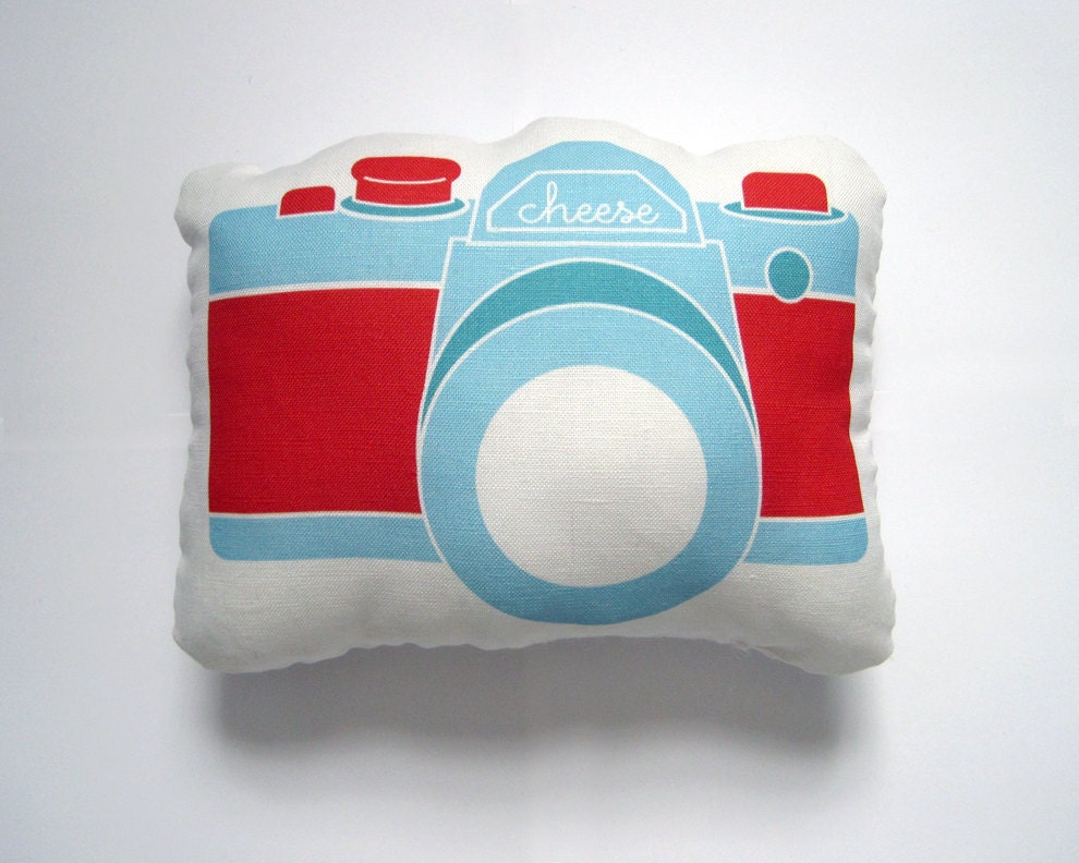 Camera Plush / Pillow in Blue and Red by Yellow Heart Art