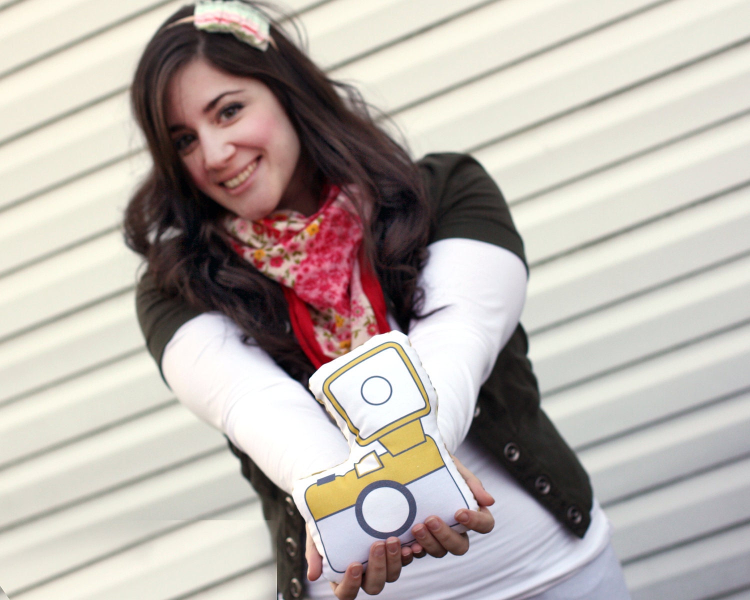 Camera Pillow Plush / Mustard Yellow and Gray by Yellow Heart Art