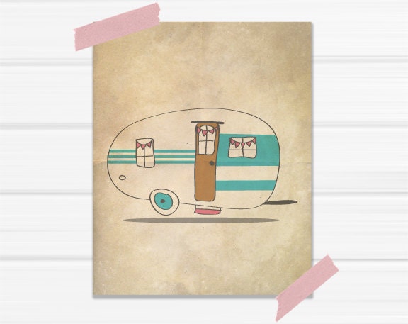 Graphic Art Illustrative Print "Let's Go For A Ride in My Winnabego" Blue and Pink