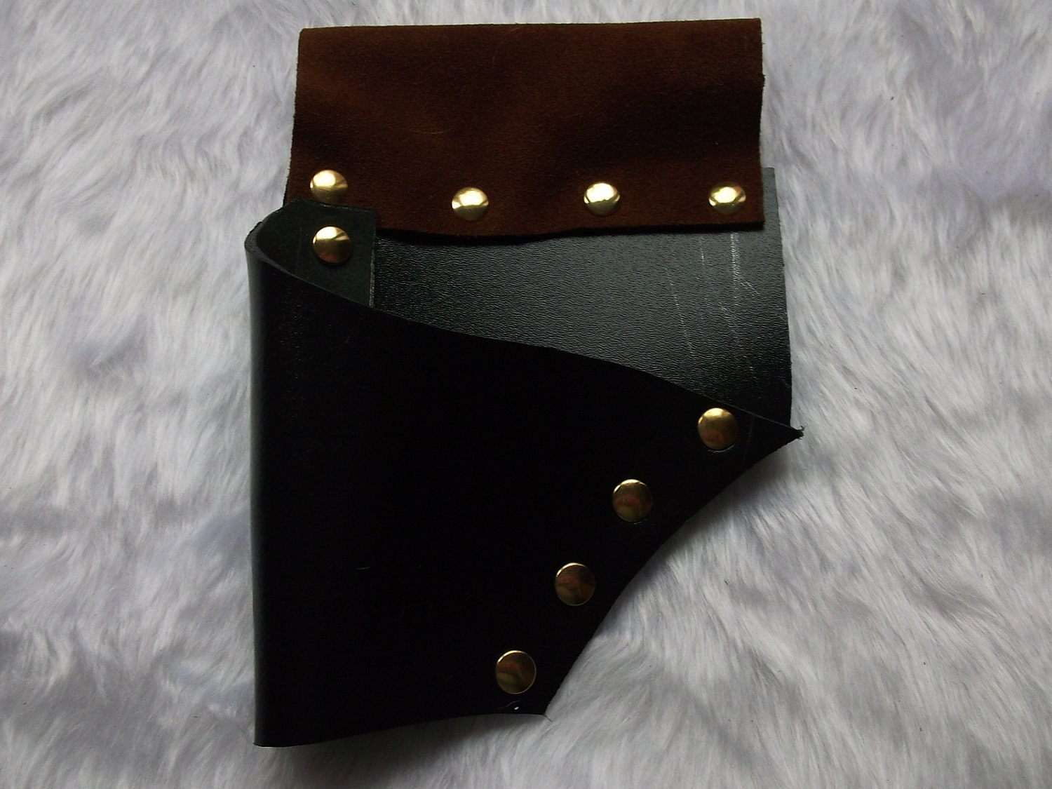 LARP Leather NERF Jolt Holster (Black-Tan/Brass/LEFT hang) by Clockwork Firebird Designs