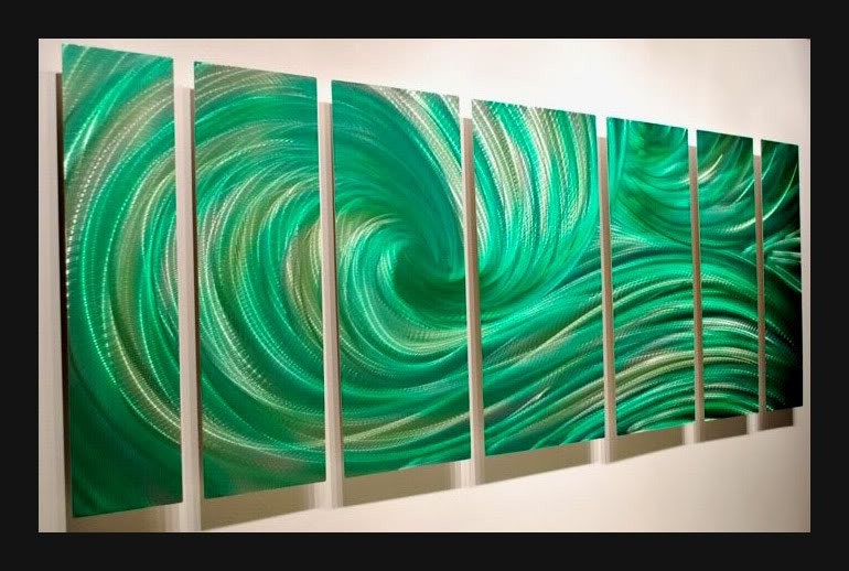 OCEAN DANCE 66 x 24 huge Metal green silver aluminum plate Wall Decor Modern Abstract Painting Sculpture by Lubo art