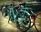 Oh So Many Bicycles in Amsterdam, 8x10 Fine Art Photograph, fence, street scene, urban, city, canal, canals, blue bicycle