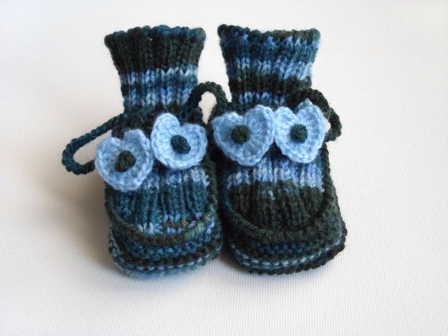 Hand Knitted Baby Booties - Blue and Green, 3 - 6 months