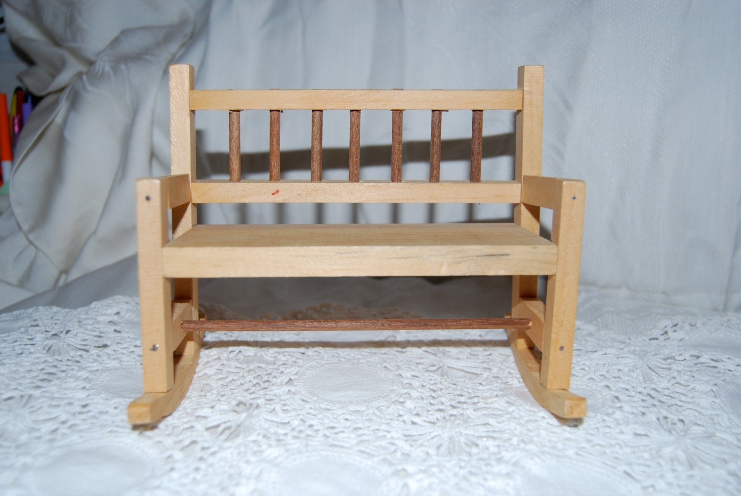 Vintage Miniature Handmade  Wooden Two Seater Rocking Chair with Spindle Chair Back Epsteam