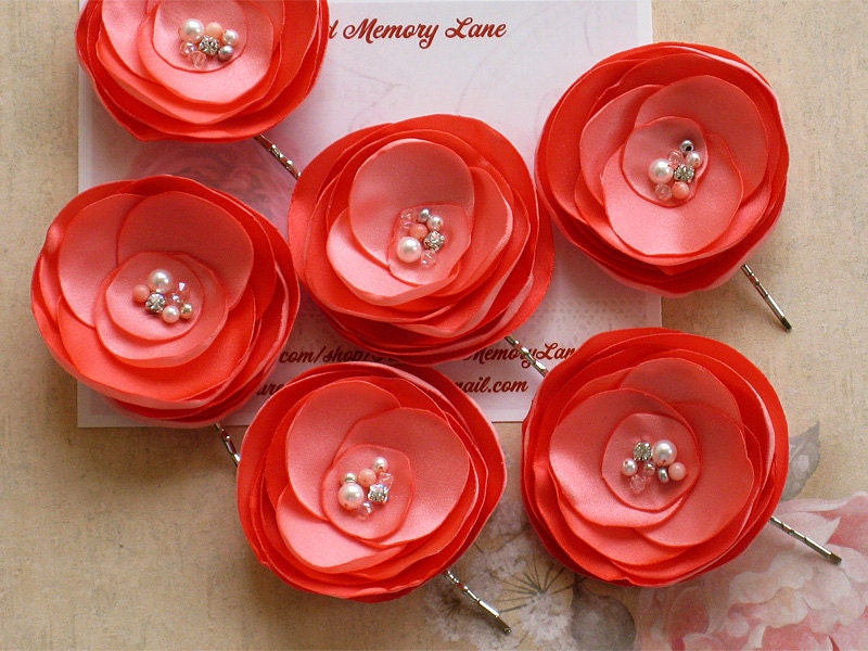 Coral Wedding Hair Clips for Bride, Bridesmaid, Flower Girl, Special Occasion, Photo Prop,