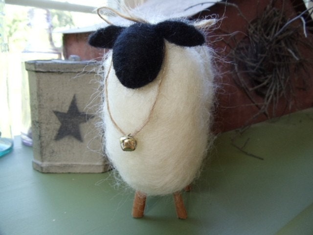 Primitive Country White Mohair Sheep Cinnamon Stick Legs Needle Felted