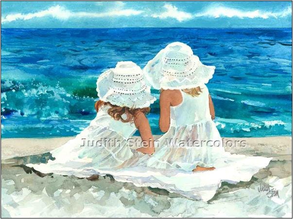 BEACH GIRLS BUDDIES Children 15x11 Watercolor Art Print - steinwatercolors